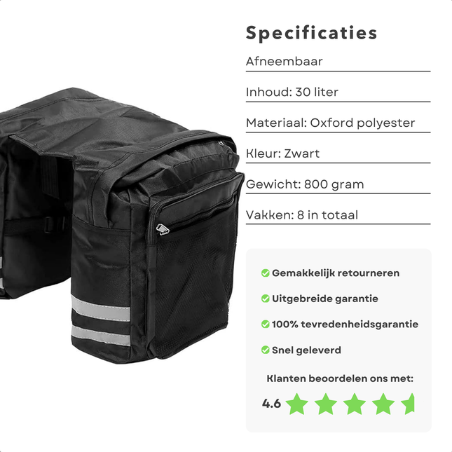 Cheqo® Dubbele Fietstas 30L met reflectiestrepen, zwart Oxford 600D polyester, geschikt voor elektrische fietsen, 4.6 sterren beoordeling.