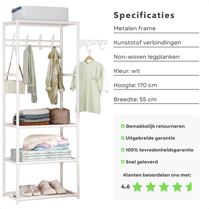Cheqo® Metalen Kledingrek - Garderoberek - Kleerkast - Kleding Kast - Garderoberek - Kapstok - 3 Legplanken - Wit - 170 cm Hoog - Praktisch Opbergen