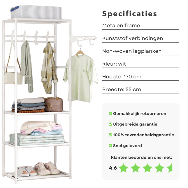 Cheqo® Metalen Kledingrek - Garderoberek - Kleerkast - Kleding Kast - Garderoberek - Kapstok - 3 Legplanken - Wit - 170 cm Hoog - Praktisch Opbergen