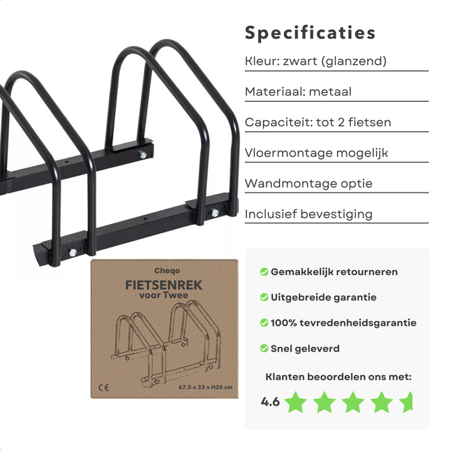 Cheqo® Fietsenrek Metaal - Fietsenstalling voor 2 Fietsen - Fietsrek - MTB Fietsen Rek - Fietsenstandaard - Vloer/Muurmontage - 100 cm - Zwart