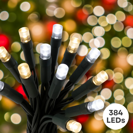 Cheqo® Kerstverlichting - Kerstlampjes - Kerstboomverlichting - 384 LED - Twotone Verlichting - Warm Wit en Wit - 8 Lichtfuncties - Automatische Timer - Binnen en Buiten - IP44 Adapter - Cluster Kerstverlichting - 490 CM Lengte - Geheugenfunctie