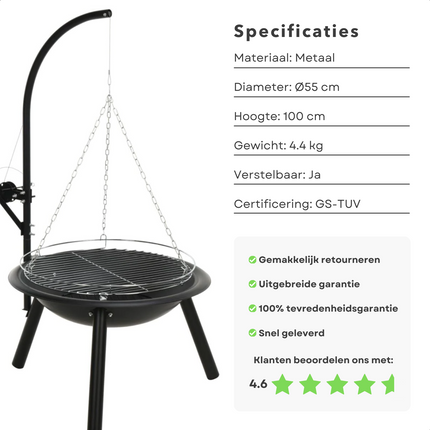 Cheqo® Verstelbare Barbecue Met Grillrooster en Ketting - Ø55Cm - Hoogte 100Cm - BBQ - Vuurschaal - Houtskool BBQ