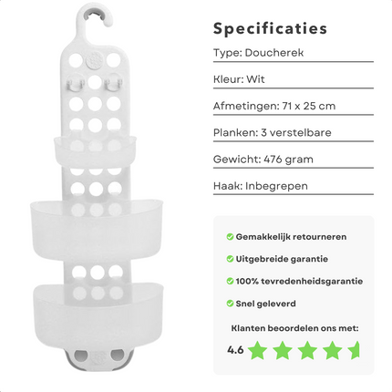 Cheqo® Ophangbaar Doucherek - 71x25cm - Verstelbaar Doucherek - Verstelbaar - Eenvoudige Installatie - Douche Organizer - Doucherek Zonder Boren - Hangend Doucherek - 3 Laags - Douchemandje - Doucherekje - Roestvrij Doucherekjes
