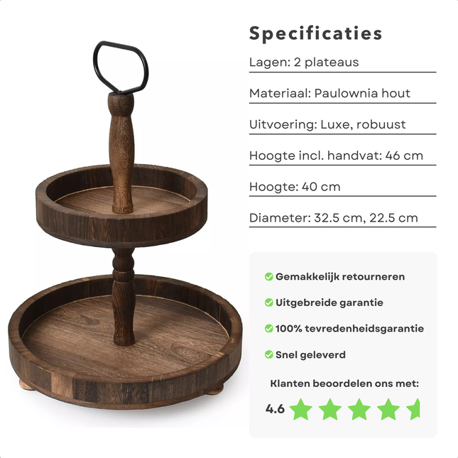 Luxe houten etagere met handvat, 2 plateaus van paulowniahout, hoogte 46 cm, diameter 32.5 cm, 4.6 sterren beoordeling.