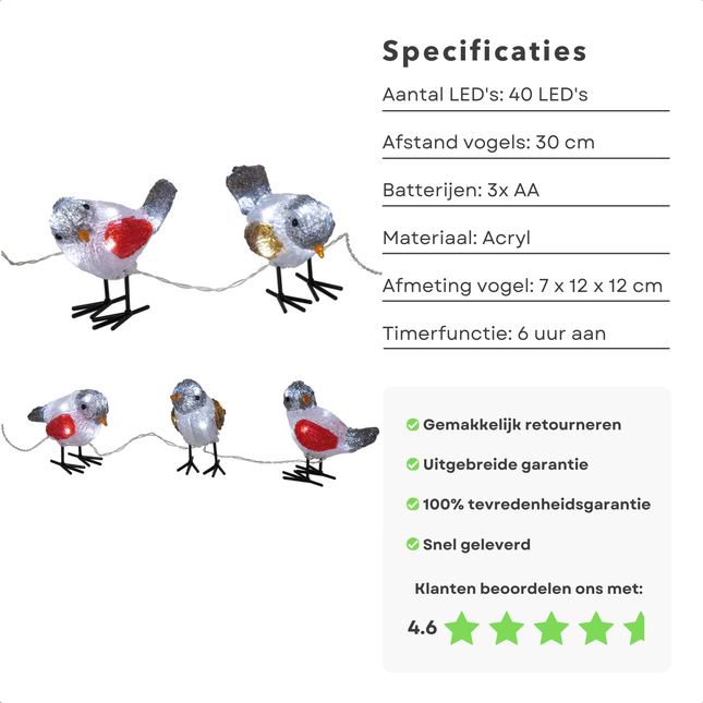 Cheqo® Kerstverlichting Acryl Vogels - Verlicht Kerstfiguur - LED Decoratie - Set van 5 - Binnen/Buiten - Timerfunctie