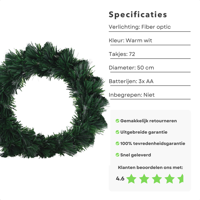 Cheqo® Kerstkrans met fiber optic verlichting en 50 cm diameter, warm wit LED, batterij aangedreven, met garantie en hoge klantbeoordeling.