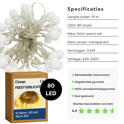 Cheqo® Feestverlichting - Warm Wit LED - 80 LED Lampjes - 16 Meter Lichtsnoer - Transparant Snoer - IP44 Waterdicht - Binnen En Buiten - Partytent Verlichting - Fairy Lights - LED Bolletjes - Lichtslinger - Feest Verlichting