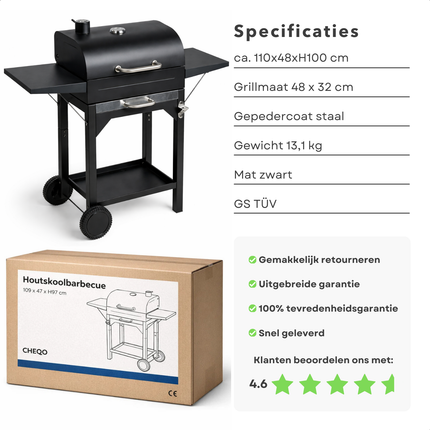 Cheqo® Houtskool Bbq - Barbecue Op Wielen - Houtskool Bbq Met Deksel - Bbq Trolley - Zwarte Houtskool Bbq - Houtskool Grill - Buiten Barbecue