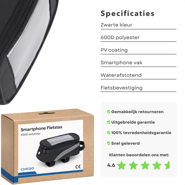 Cheqo® Smartphone Fietstas - Frametas met Telefoonhouder - Fietstas met Telefoonhouder - Fietstas met Smartphone Houder - Frametas met Smartphone Houder - Fietstas Frame Telefoonhouder - Fietstas voor Smartphone - Telefoon Fietstas