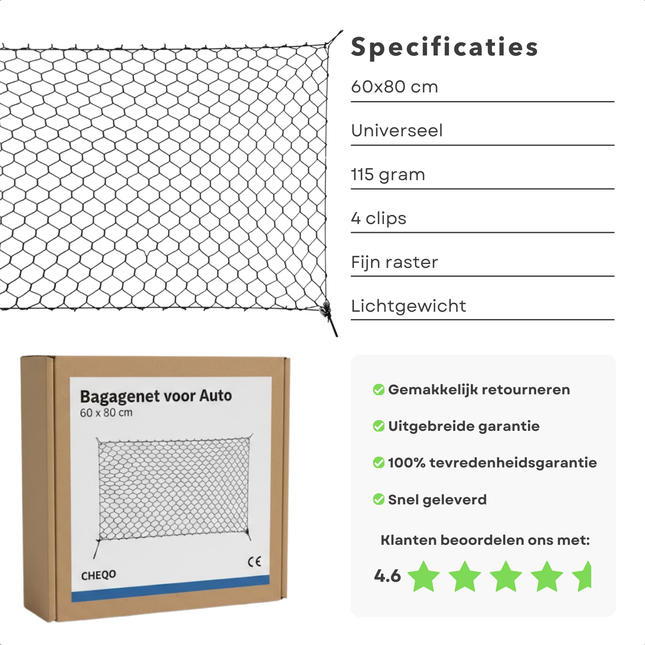 Cheqo® Bagagenet Auto - Kofferbaknet - Bagagenet - Veiligheidsnet Auto - Autonet - Cargo Net Auto - Opbergnet Auto - Elastisch Bagagenet - Universeel Bagagenet Auto