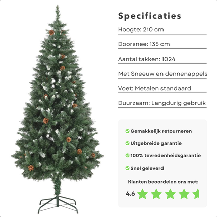 Cheqo® Kunstkerstboom 210 cm - Kerstboom met Sneeuw & Dennenappels - Metalen Voet - 1024 Toppen