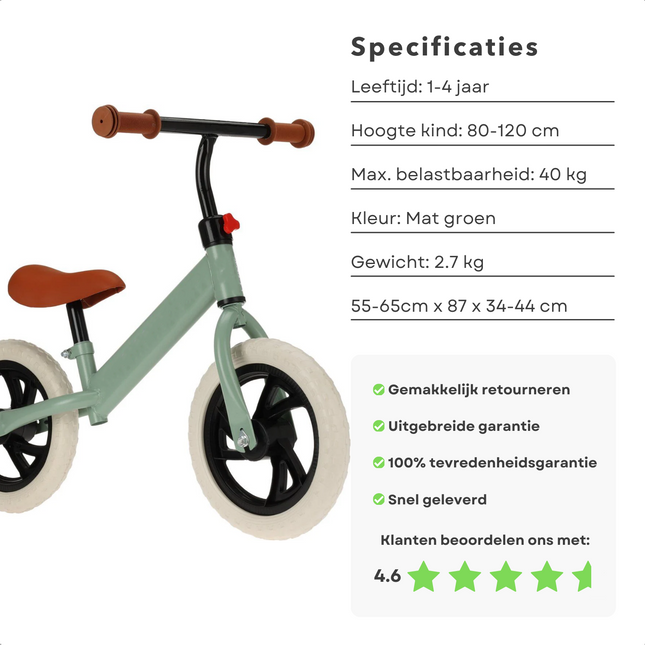 Mat groene Cheqo® loopfiets voor kinderen van 1-4 jaar, EVA-banden, max. belastbaarheid 40 kg, specificaties en klantbeoordeling 4.6 sterren.
