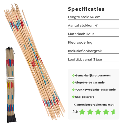 Cheqo® Mikado XL Set - Grote Mikado - 31 Stuks - Houten Spel - Gezellig Familieplezier