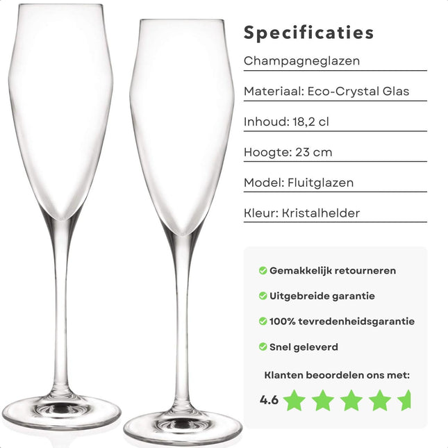 Cheqo® Champagneglazen - Fluitglazen - 18.2Cl - Eco-Crystal Glas - Sterk en Krasbestendig - 2 Stuks - Horeca en Privegebruik - 23cm Hoogte - Vaatwasserbestendig - Flute - Lange Levensduur Champagneglazen