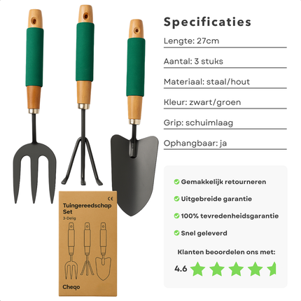 Cheqo® Tuingereedschap Set - Tuin Gereedschap Set - Tuingereedschapset - Hark - Spitvork - Plantschep - Tuin Accessoires - Voor Klein Tuinwerk - Houten Handvat - 27 cm