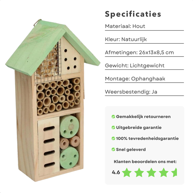 Cheqo® Houten Insectenhotel - Insecten Hotel - 26x13x8.5 cm - Voor Tuin en Balkon - Vlinderhotel - Ecologisch Bijenhotel
