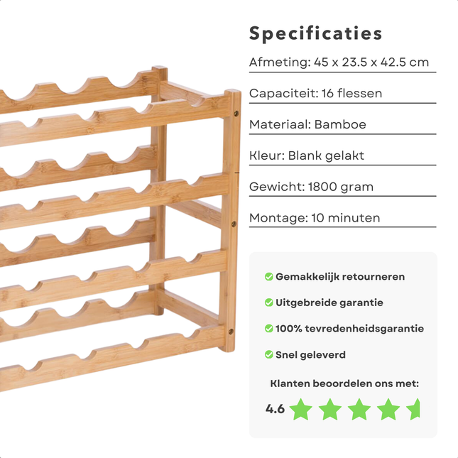 Cheqo® Bamboe Wijnrek - Flessenrek - Wijnmeubel - Wijnkast - Flessenhouder - Voor 16 Flessen - Naturel Gelakt