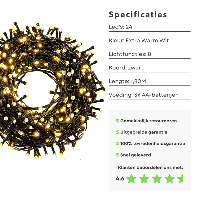 Cheqo® Kerstverlichting - Kerstboomverlichting - Kerstlampjes - 24 LED - 1.8M - Voor Binnen en Buiten - Timer - Veelkleurig - 8 Lichtfuncties - Op Batterijen - Extra Warm Wit - Gekleurde Kerstverlichting - Sfeerverlichting - Feestverlichting Kerstboomverlichting
