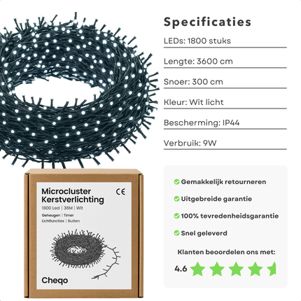Cheqo® Kerstverlichting - Kerstlampjes - Kerstboomverlichting voor Buiten - 1800 LED Lampjes - 36 Meter Lichtsnoer - Wit Licht - Koelwit - 8 Lichtfuncties - Geheugenfunctie - Timer 8 Uur - IP44 Adapter - Groen Snoer - Binnen en Buiten