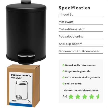 Cheqo® Pedaalemmer 3 Liter - Mat Zwarte Prullenbak - Anti-Slip Bodem - Uitneembare Binnenemmer - Metalen Pedaalemmer - Kunststof Elementen - Badkamer Prullenbak - Toilet Afvalemmer - Compacte Pedaalemmer - Hygiënische Afvaloplossing