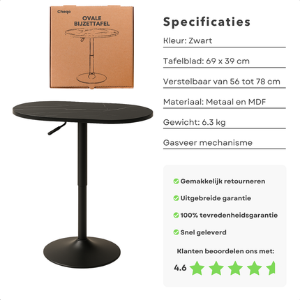 Cheqo® Luxe Bijzettafel Ovaal - Verstelbare Ovale Tafel - Marmer Look - Salontafel Draaibaar - MDF & Metaal - Zwart