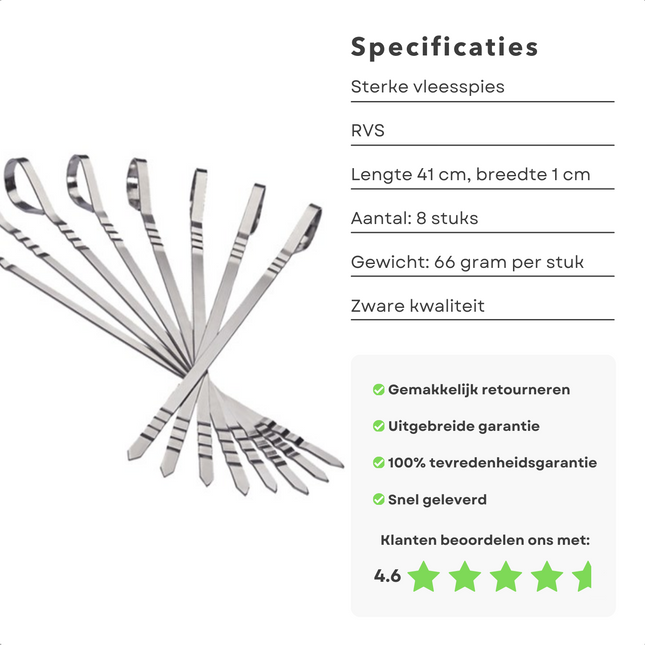 Cheqo® Premium RVS BBQ Spiezen - Vleesspies Set - Barbecue Spiezen - Zware Kwaliteit Spiezen van 41 cm - Set van 8 Vleesspiezen - Sateprikkers - Kaasfondue - Vleespennen