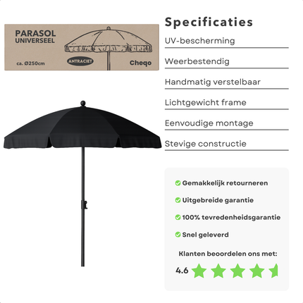 Cheqo® Tuinparasol Antraciet 250 cm - Parasol - Verstelbaar Aluminium Frame - Waterdicht Polyester