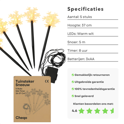 Cheqo® LED Tuinstekers - Sneeuwvlok Verlichting - Set Van 5 - Warm Wit LED - Buitenverlichting - IP44 Waterdicht - Acryl Sneeuwvlok - Kunststof Grondpen - Batterij Aangedreven - Automatische Timer - 8 Uur Aan Timer - 16 Uur Uit Timer