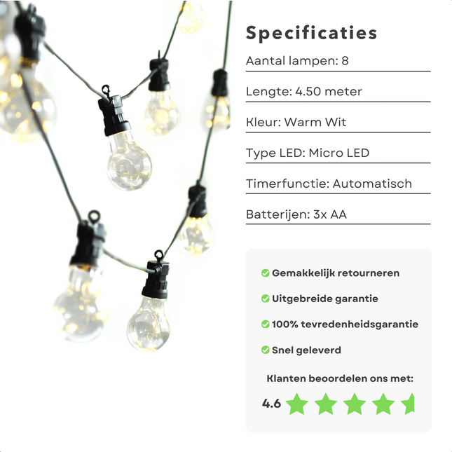 Cheqo® Feestverlichting Op Batterijen - 8 Lampen - 40 LED - Warm Wit - 4.50m - Timer Functie - Binnen en Buiten Gebruik - Lichtsnoer - Tuinverlichting
