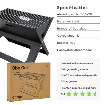 Cheqo® Draagbare Houtskool Barbecue – Opvouwbare BBQ Grill – Tafelbarbecue voor Buiten – Inklapbare Camping BBQ – Compacte Zwart Design Tuinbarbecue – Lichtgewicht Outdoor Grill met Vuurschaal & Handvaten