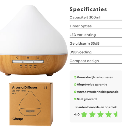 Cheqo® Aroma Diffuser LED - Luchtbevochtiger - Geurverspreider - Aromatherapie Diffuser - Etherische Olie Verstuiver - LED Sfeerverlichting - Stille Werking - USB Type-C Voeding - 300 Ml Capaciteit - Timer Opties - Rustgevende Sfeer