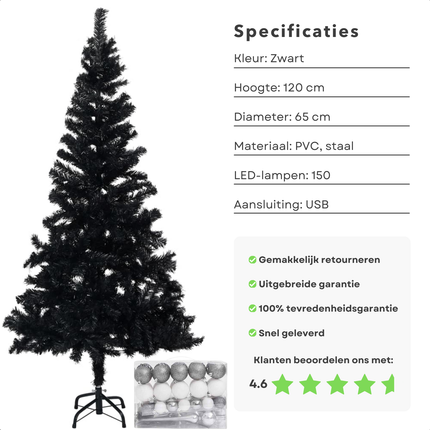 Cheqo® Zwarte Kerstboom - Kunstkerstboom 120 cm - Inclusief LED-Verlichting en Kerstballen - PVC - Energiezuinig