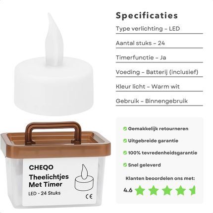 Cheqo® LED Theelichtjes - Theelichtjes Met Timer - Flikkerend Vlammetje - Warm Wit LED - Automatische Uitschakeling - 24 Stuks - Sfeervol Licht - Waxinelichtjes LED - Realistisch Vlammetje - Elektrische Kaarsen