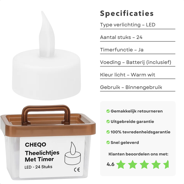 Cheqo® LED Theelichtjes - Theelichtjes Met Timer - Flikkerend Vlammetje - Warm Wit LED - Automatische Uitschakeling - 24 Stuks - Sfeervol Licht - Waxinelichtjes LED - Realistisch Vlammetje - Elektrische Kaarsen