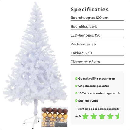 Cheqo® Kerstboom - Kunstkerstboom Wit - 120 cm - Inclusief LED-Verlichting en Kerstballen - PVC Materiaal