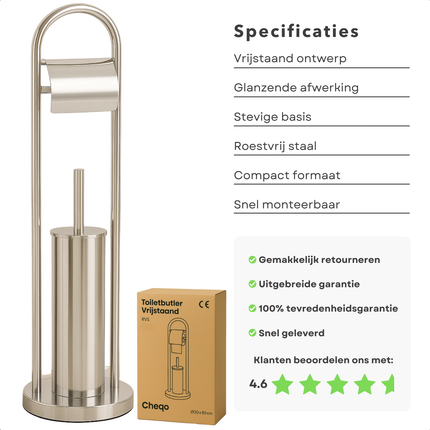 Cheqo® Vrijstaande Toiletbutler - Vrijstaand Toilet Butler - Zilver RVS - Touletborstel met Houder - WC Rol Houder - Rolhouder - Moderne Toiletaccessoires - 80 cm Hoog - Stijlvol en Duurzaam