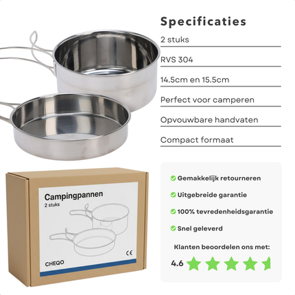 Cheqo® Camping Pannenset - Camping Pannen - Pannenset Camping - Kampeer Pannenset - Kampeer Pannen - Camping Kookset - Kookset Camping - Camping Kookgerei - Camping Kookgerei Set - Camping Pan Set - Camping Steelpan