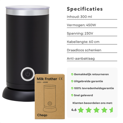 Cheqo® Elektrische Melkopschuimer – 3-in-1 Melkklopper – Warme & Koude Melk Opschuimen – Melk Verwarmen tot 65°C – Snoerloos Ontwerp – Anti-aanbaklaag – 300ml – Zwart – Transparante Deksel – Barista Kwaliteit