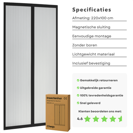 Cheqo® Magnetische Insectenhor Deur - Deurgordijn - Deurhor - Vliegengordijn met Automatische Sluiting - 220x100 cm - Polyester