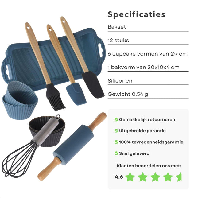Cheqo® Kinder Bakset - 12-Delige Set - Bakset voor kinderen met Cupcake Vormen - Bakvorm en Accessoires - Kwast - Spatel - Deegroller - Kinderfeestje - Cake Bakken - Cupcakes Maken - Cadeau voor Kinderen baksets