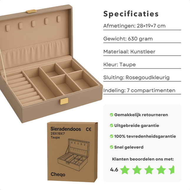 Cheqo® Sieradendoos Kunstleer - Bijouteriedoos - Sieradenkoffer - Juwelendoos - Sieraden Organizer - Taupe - Sieraden Doos - Sieradendoosje Met Kettinghaakjes en Ringklemmen
