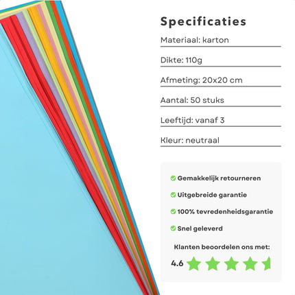 Cheqo® Vouwkarton - Vouwblaadjes - Knutselpapier - Knutsel Papier - 110 Grams - Origami Papier Kinderen - 20x20 cm - Kleurrijk Knutselpapier - 50 Stuks