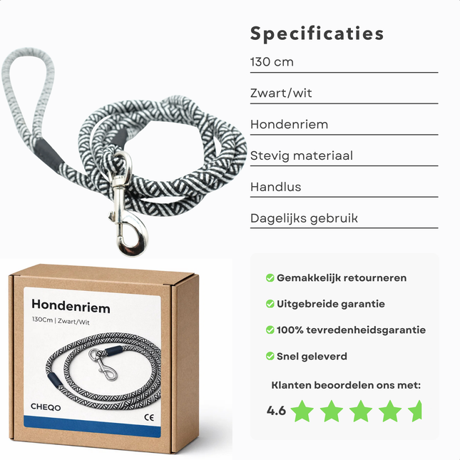 Cheqo® Hondenriem - Hondenlijn - Looplijn Hond - Honden Riem - Zwarte Hondenriem - Zwart Wit Hondenlijn - Zwart Witte Hondenriem - Gestreepte Hondenriem