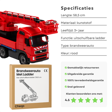Cheqo® Brandweerauto met Uitschuifbare Ladder - Grote Brandweerauto - Brandweerauto Speelgoed - Brandweerwagen - Brandweerauto Met Ladder - Grote Speelgoedauto - Brandweerauto Voor Kinderen - Speelgoed Vrachtwagen