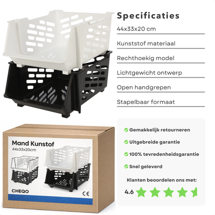 Cheqo® Opbergbox - Opbergbak - Stapelbare Opbergbak - Stapelkrat - Opbergkrat - Stapelbare Krat - Opbergbak Kunststof - Opbergbak Zwart - Opbergbak Wit