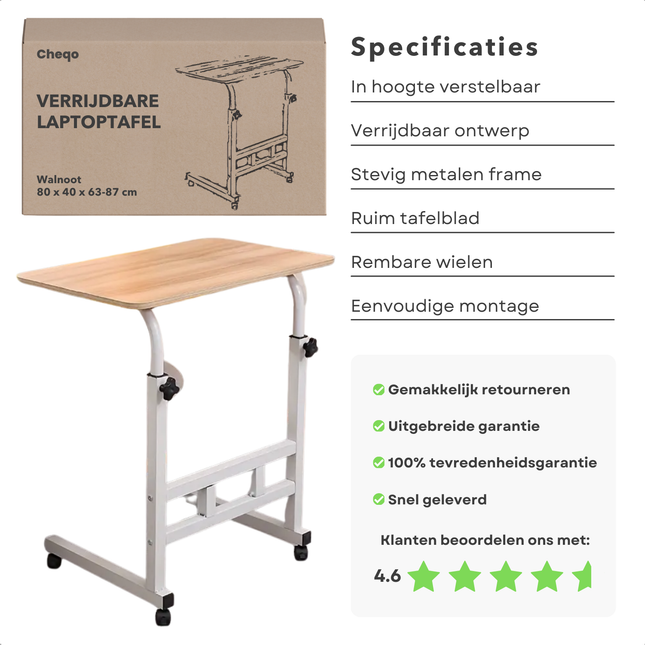 Cheqo® Cheqo® Verrijdbare Laptoptafel - Verrijdbaar Bureau - Computertafel - Laptop Standaard - Verstelbare Bedtafel - Banktafel - Bijzettafel - Laptop Tafel - Praktich