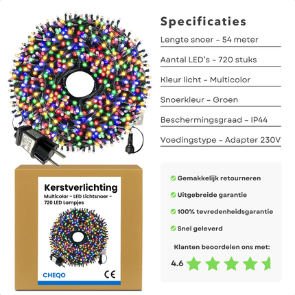 Cheqo® Kerstverlichting Multicolor - LED Lichtsnoer - 720 LED Lampjes - 54 Meter Lengte - Binnen En Buiten - Groen Snoer - IP44 Adapter - Kerstboomverlichting - Feestverlichting - Lichtslinger - Veelkleurig - Kerstlampjes
