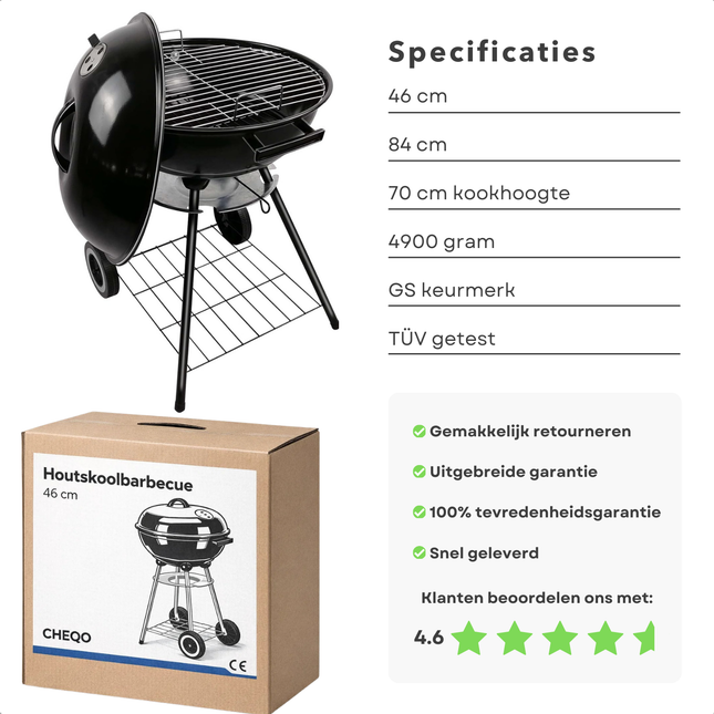 Cheqo® Houtskoolbarbecue - Houtskool Bbq - Kogelbarbecue - Barbecue Op Wielen - Kogelbarbecue Met Deksel - Houtskoolbarbecue Met Deksel - Houtskoolgrill - Tuinbarbecue - Buiten Barbecue - Zwarte Houtskoolbarbecue