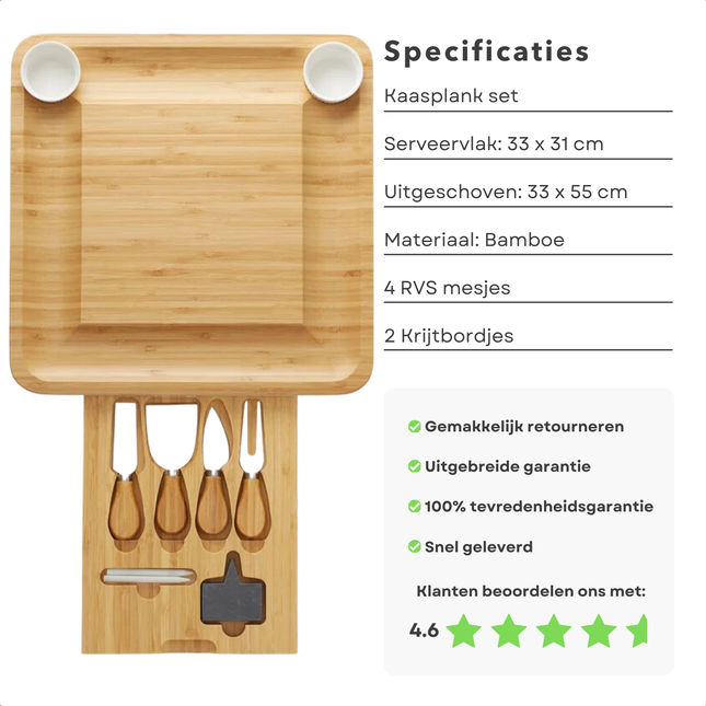 Uitschuifbare bamboe kaasplank met mesjes en krijtbord, luxe tapasplank van Cheqo® met specificaties en klantbeoordeling.