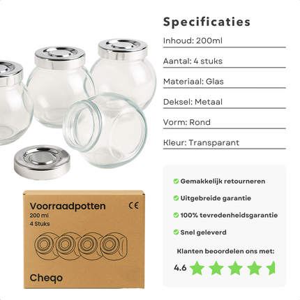 Cheqo® Glazen Voorraadpotten - Voorraadpotten Met Deksel - Kruidenpotjes Glas - Opbergpotten Keuken - Glazen Pot Met Schroefdeksel - Glazen Pot Voor Kruiden - Glazen Pot Voor Thee - Ronde Glazen Pot - Set Van 4 Potten - 200 ml Glazen Pot